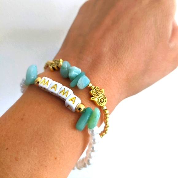 2 stone, gold plated beads, pearl & lettered bracelet stackable - Picture 2 of 11